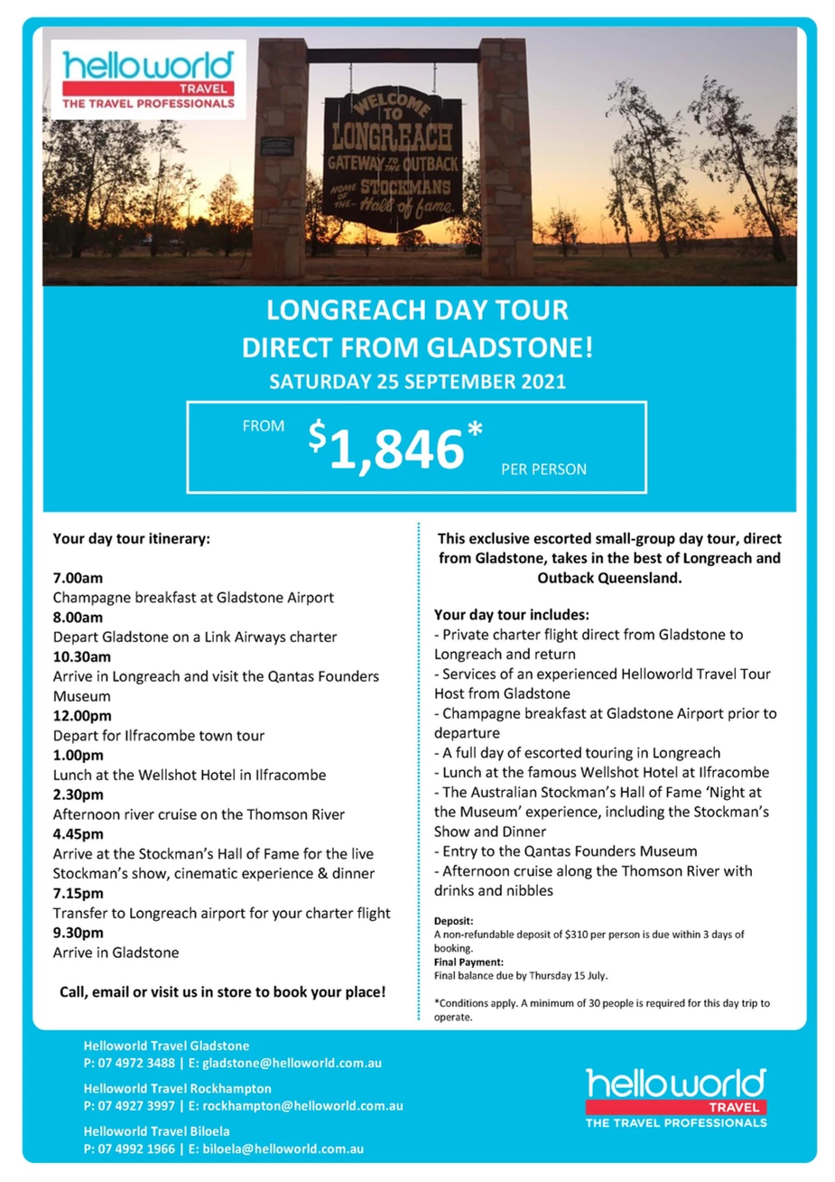 Longreach Day Tour departing Gladstone September 2021 Gladstone