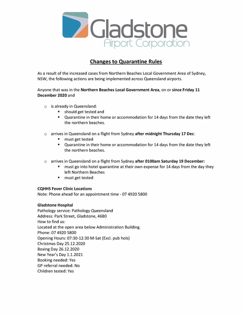 Changes to Quarantine rules Gladstone Airport Corporation